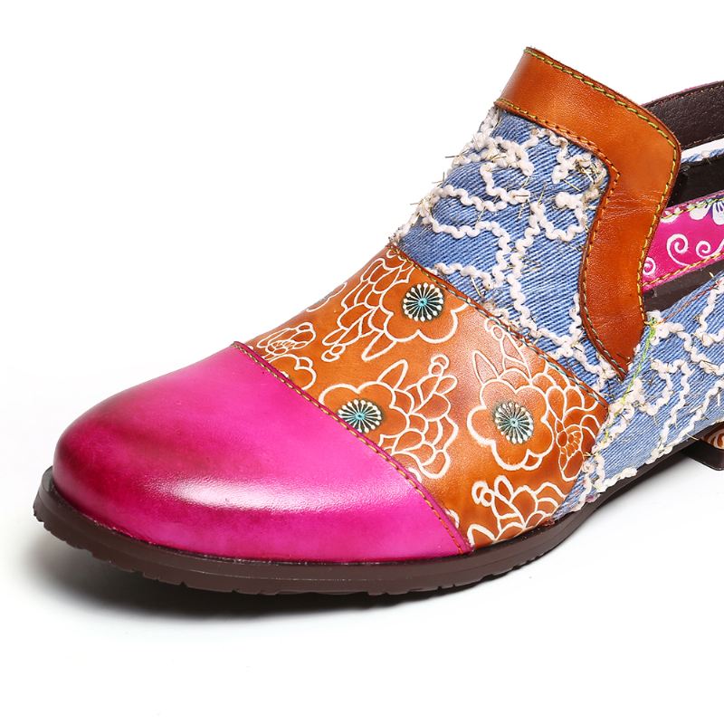 Kvinder Retro Elegant Farve Syning Ægte Læder Lynlås Flats