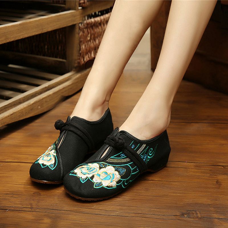 Kvinder Snøretøj Kinesisk Broderede Blomster Flat Loafers