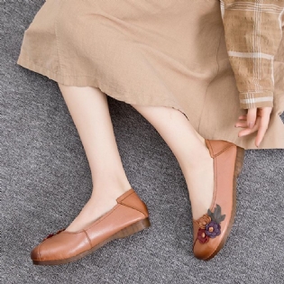 Kvinder Vintage Floral Rund Tå Ægte Læder Blød Sål Slip On Flats