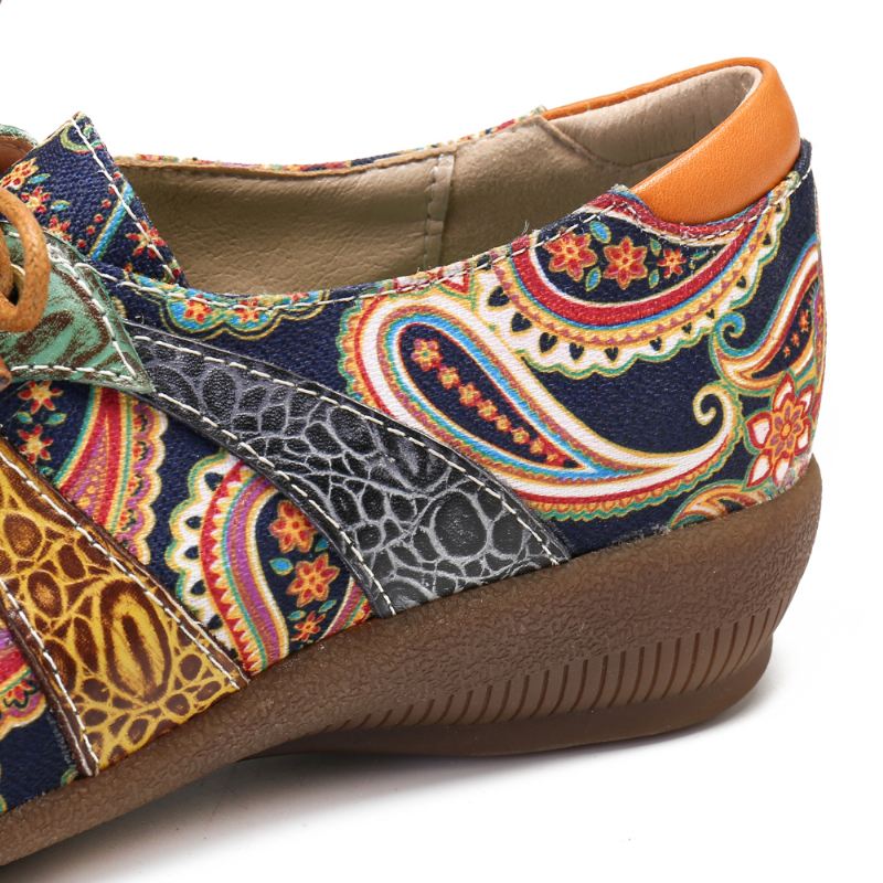 Paisley Retor Floral Splejsning Folkways Style Runde Tå Snøre Flade Sko