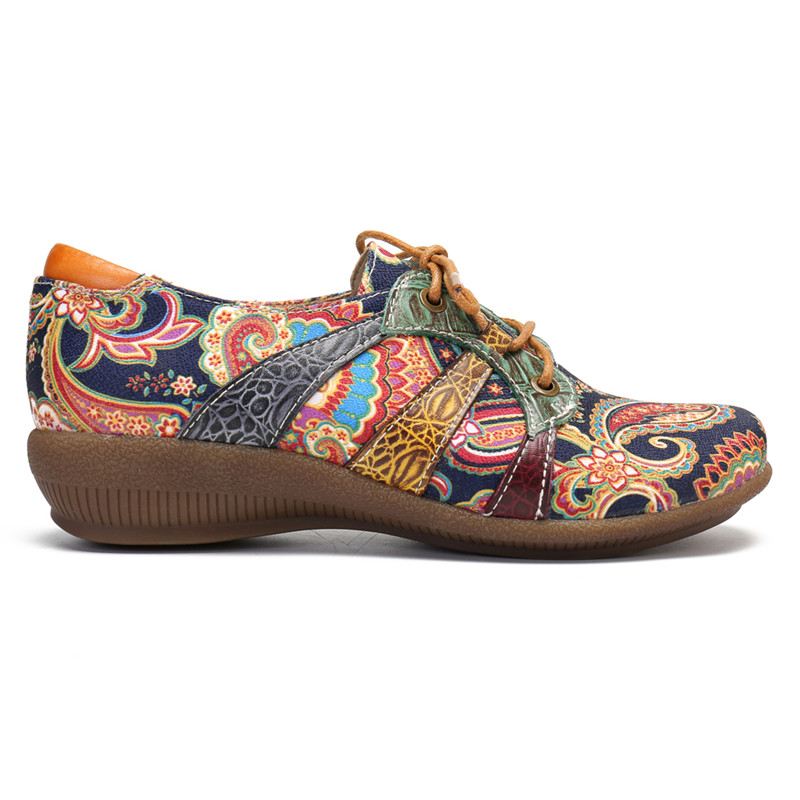Paisley Retor Floral Splejsning Folkways Style Runde Tå Snøre Flade Sko