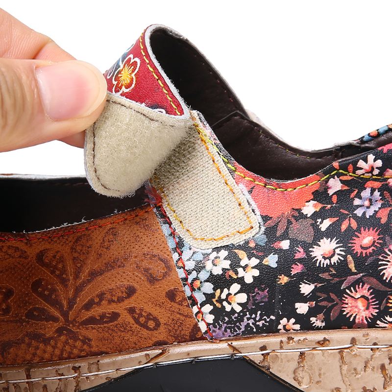 Retro Blomster Splejsning Floral Ægte Læder Krogløkke Flade Sko