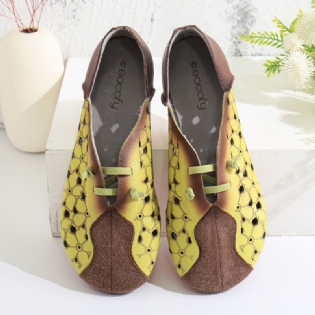 Retro Colorblock Splejsning Læder Floral Hule Elastisk Strap Slip-on Flade Sko
