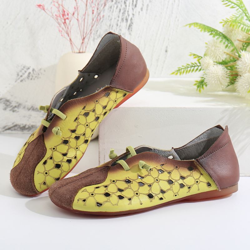 Retro Colorblock Splejsning Læder Floral Hule Elastisk Strap Slip-on Flade Sko