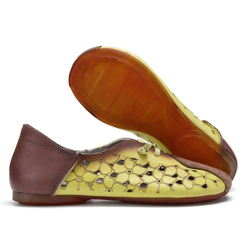 Retro Colorblock Splejsning Læder Floral Hule Elastisk Strap Slip-on Flade Sko