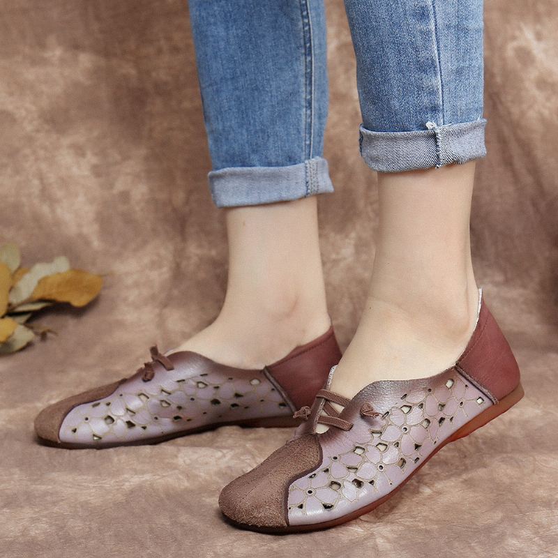 Retro Colorblock Splejsning Læder Floral Hule Elastisk Strap Slip-on Flade Sko