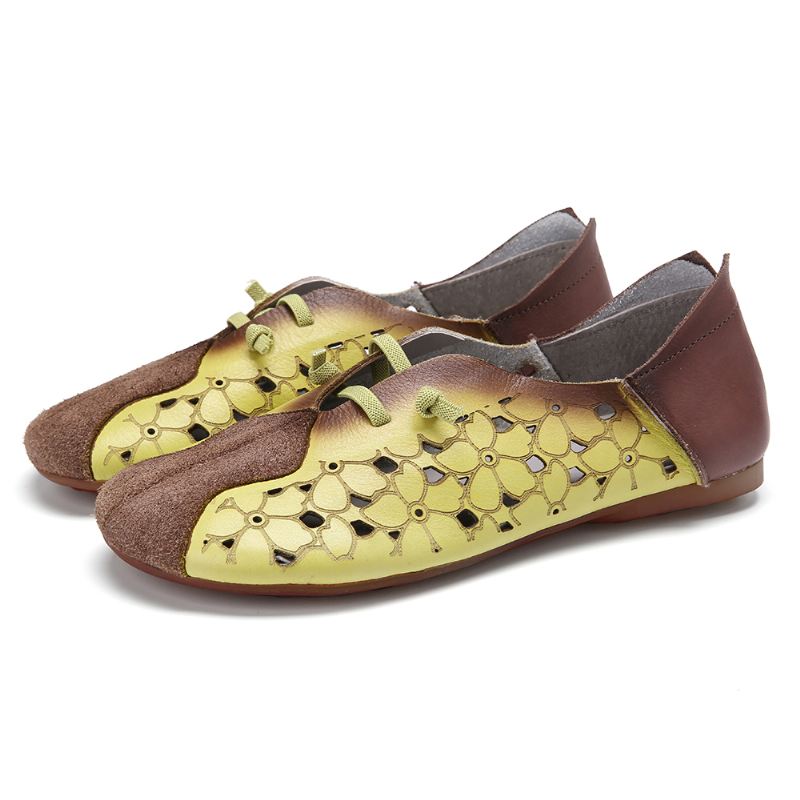 Retro Colorblock Splejsning Læder Floral Hule Elastisk Strap Slip-on Flade Sko
