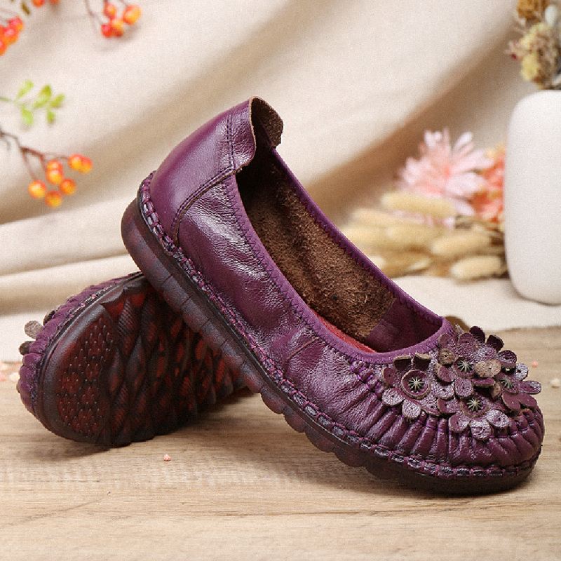 Retro Flowers Decor Læder Skridsikker Blød Sål Casual Slip-on Flade Sko