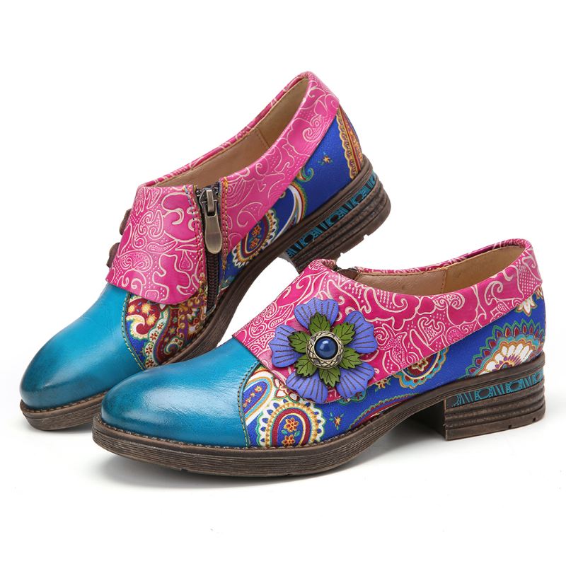 Retro Læder Paisley Splejsning Floral Prægede Ægte Læder Flade Sko