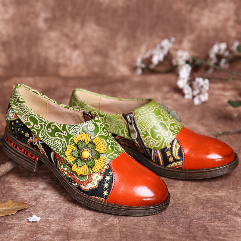 Retro Læder Paisley Splejsning Floral Prægede Ægte Læder Flade Sko