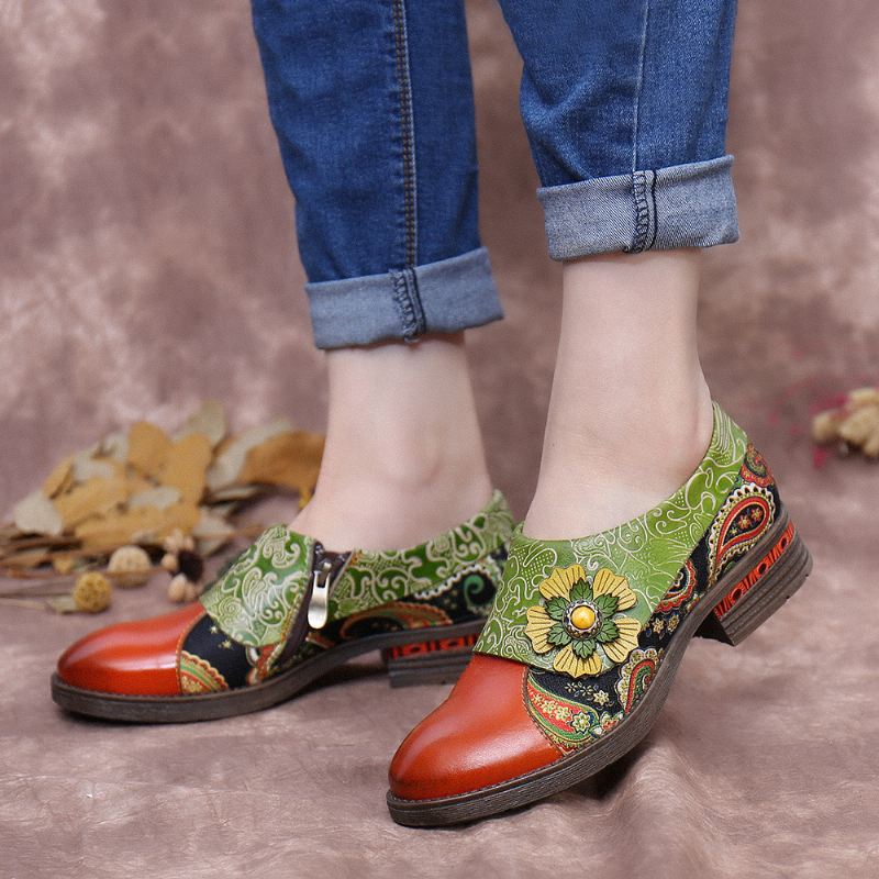 Retro Læder Paisley Splejsning Floral Prægede Ægte Læder Flade Sko