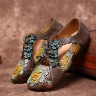 Retro Prægede Blomstersplejsning Floral Hule Snørebånd Slip På Flade Sko