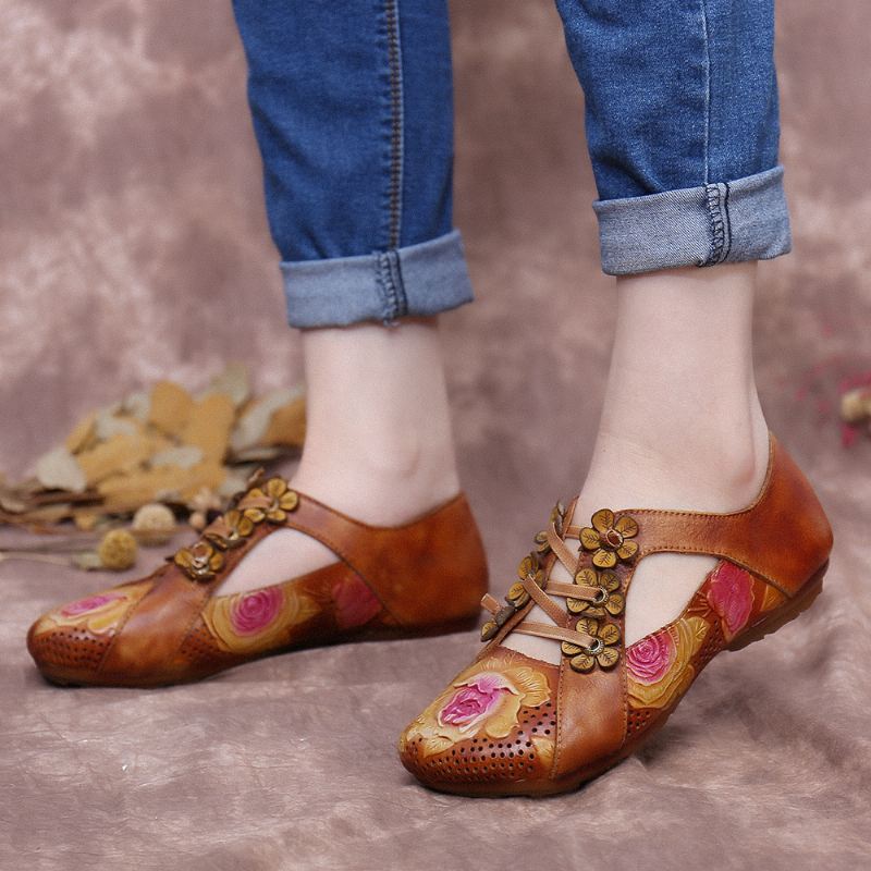 Retro Prægede Blomstersplejsning Floral Hule Snørebånd Slip På Flade Sko