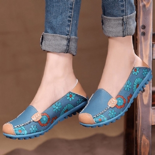 Stor Størrelse Kvinder Blomster Blomster Læder Loafers Moccas Flats Bløde Balletsko Runde Tåflader