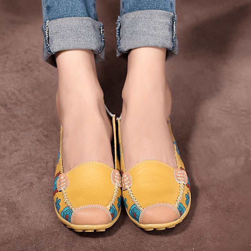 Stor Størrelse Kvinder Blomster Blomster Læder Loafers Moccas Flats Bløde Balletsko Runde Tåflader