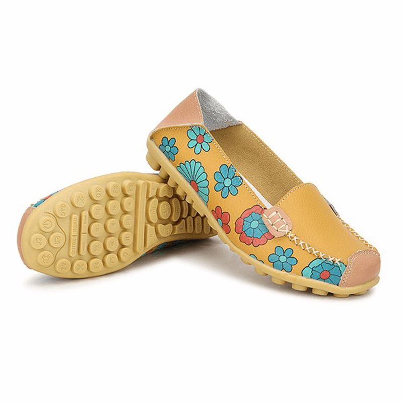 Stor Størrelse Kvinder Blomster Blomster Læder Loafers Moccas Flats Bløde Balletsko Runde Tåflader