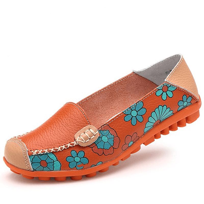 Stor Størrelse Kvinder Blomster Blomster Læder Loafers Moccas Flats Bløde Balletsko Runde Tåflader