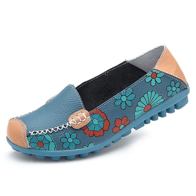 Stor Størrelse Kvinder Blomster Blomster Læder Loafers Moccas Flats Bløde Balletsko Runde Tåflader