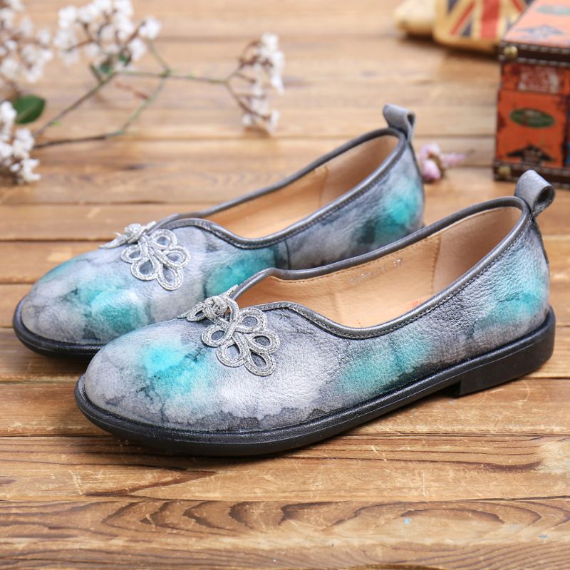 Tie-dyed Læder Kinesisk Knude Dekor Blød Slip På Flade Sko