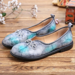 Tie-dyed Læder Kinesisk Knude Dekor Blød Slip På Flade Sko
