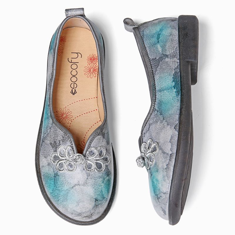 Tie-dyed Læder Kinesisk Knude Dekor Blød Slip På Flade Sko