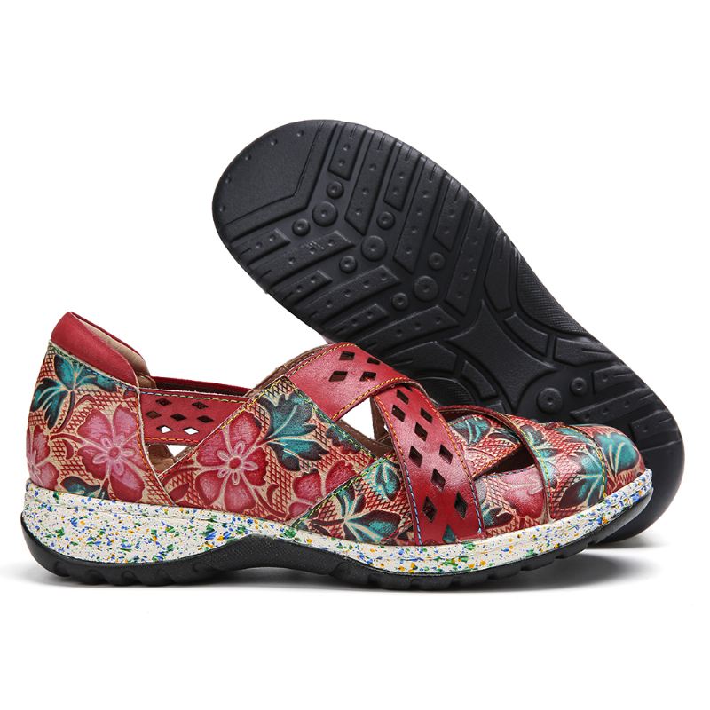 Vintage Håndlavet Læder Prægede Blomsterudskæringer Cross Strap Slip På Flade Sko