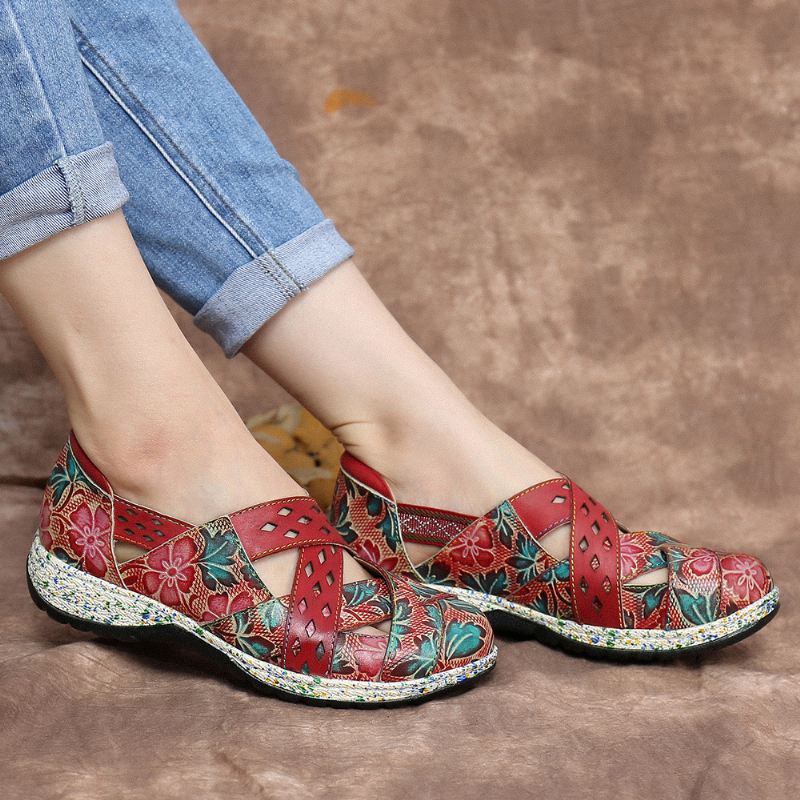 Vintage Håndlavet Læder Prægede Blomsterudskæringer Cross Strap Slip På Flade Sko