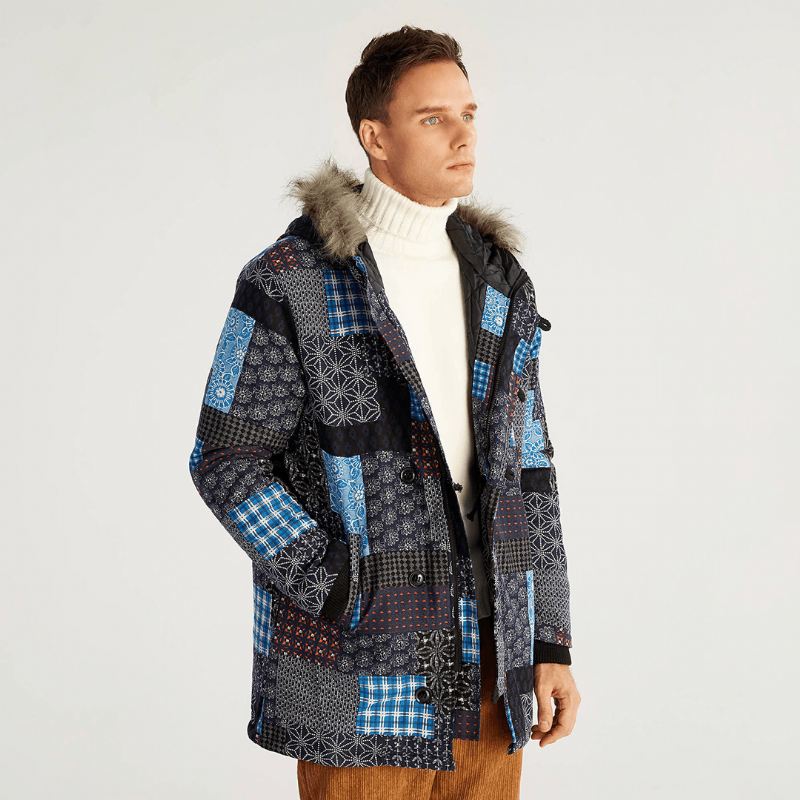 Herre Casual Hør Hooded Printing Tykkede Varme Frakker