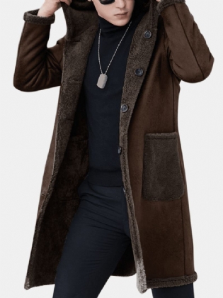 Herre Dobbeltsidet Bærbar Shearling Coat Hooded Mid Long Faux Fur Uldfrakker