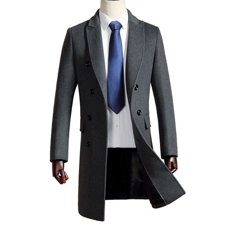 Herre Mellemlang Slank Uldoverfrakke Tyk Varm Dobbeltradet Stilfuld Trenchcoat