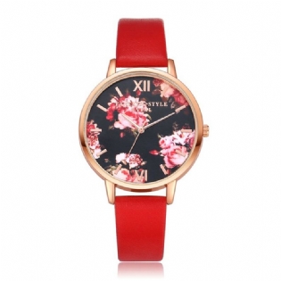 Blomster Display Elegant Design Dame Armbåndsur Pu Læder Band Quartz Watch