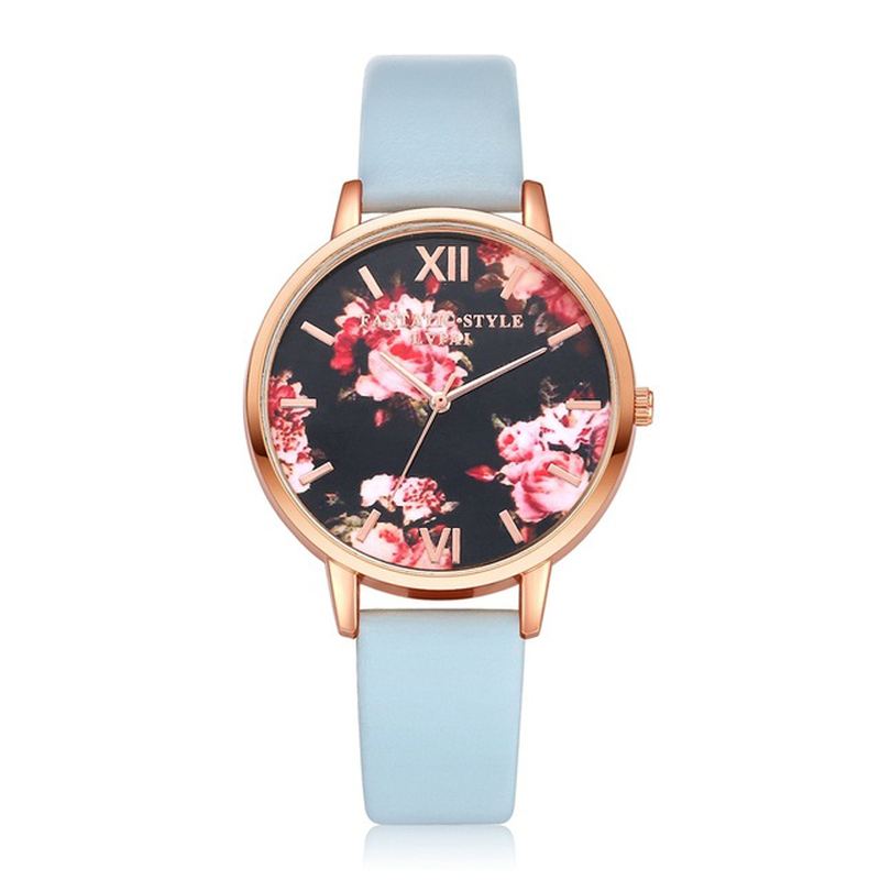 Blomster Display Elegant Design Dame Armbåndsur Pu Læder Band Quartz Watch