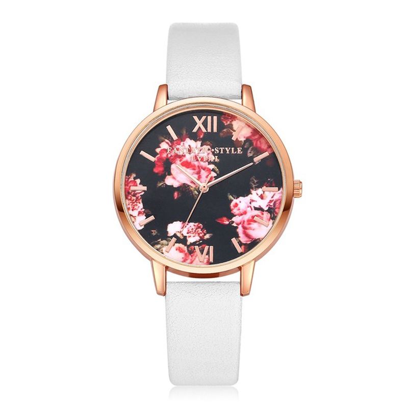 Blomster Display Elegant Design Dame Armbåndsur Pu Læder Band Quartz Watch
