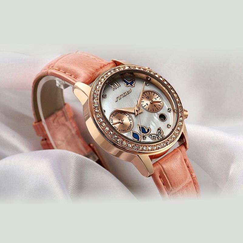 Crystal Case Butterfly Kvinder Læderrem Dame Kjole Quartz Watch