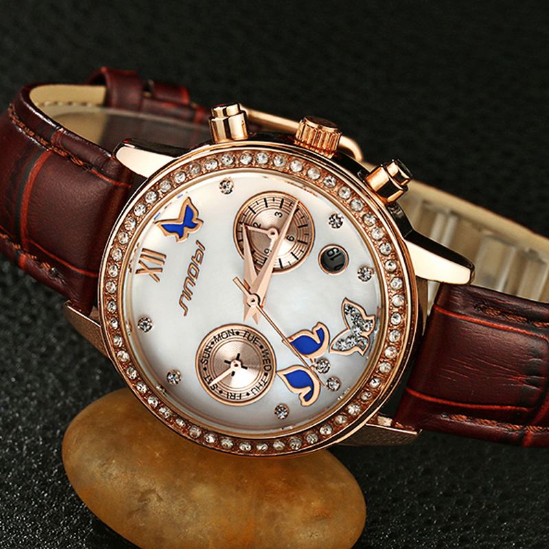 Crystal Case Butterfly Kvinder Læderrem Dame Kjole Quartz Watch