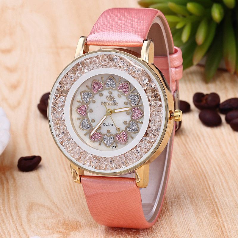 Crystal Shining Dress Dame Watch Rose Gold Case Læderrem Quartz Ure
