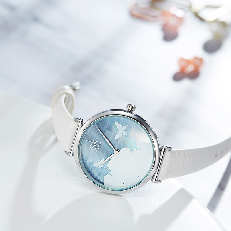 Kortfattet Sommerfugl Læderrem Mode Kvindelige Armbånd Frisk Farve Kvinder Quartz Watch