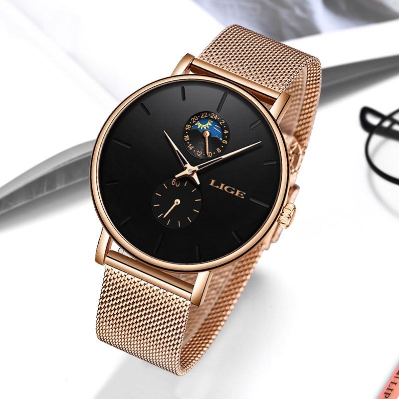 Månefase Datovisning Damearmbåndsur Vandtæt Fuldstål Quartz Watch