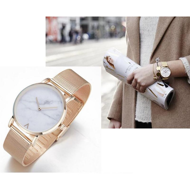 Mode Marble Dial Rustfrit Stål Rem Casual Kvinder Quartz Watch
