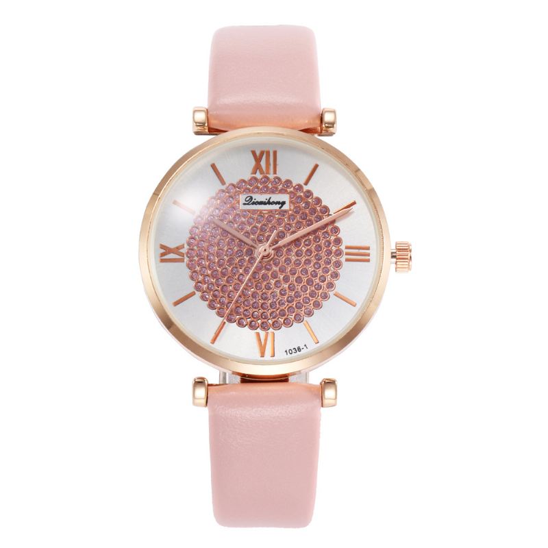 Roman Number Crystal Elegant Design Dame Watch Læder Band Quartz Ure