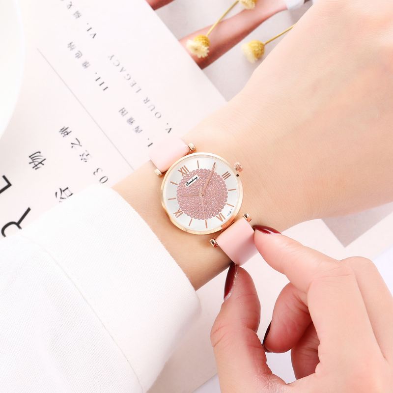 Roman Number Crystal Elegant Design Dame Watch Læder Band Quartz Ure