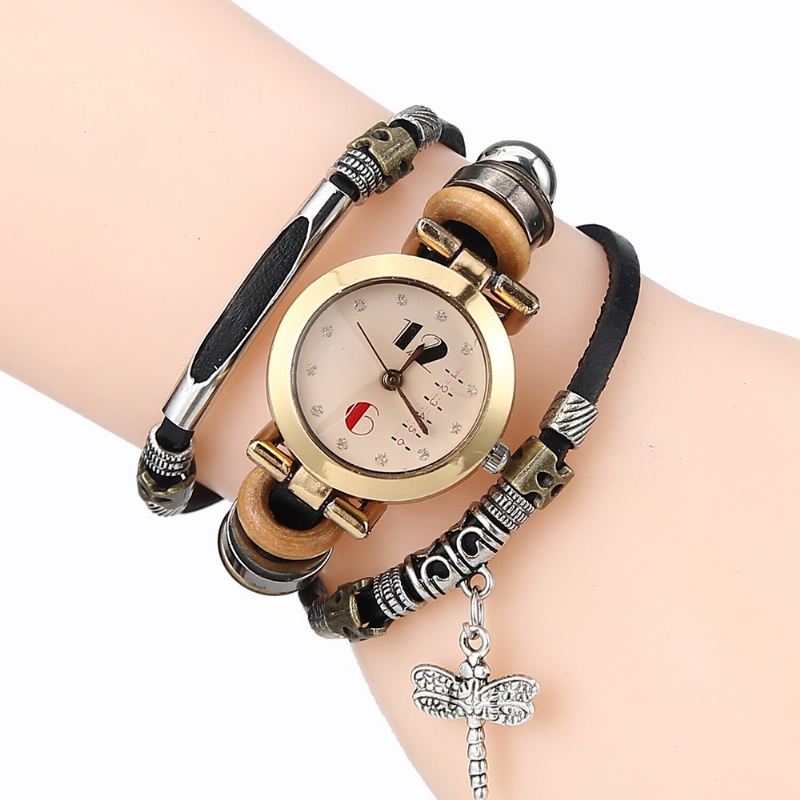 Vintage Flerlags Kvinder Armbåndsur Diamond Dragonfly Pendant Læder Band Quartz Watch