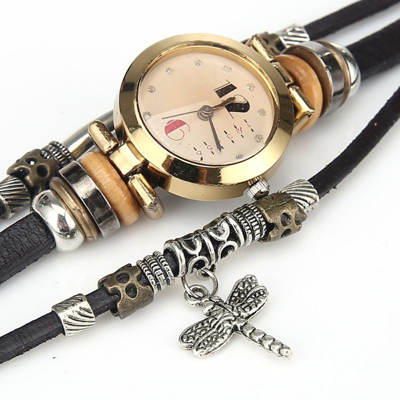 Vintage Flerlags Kvinder Armbåndsur Diamond Dragonfly Pendant Læder Band Quartz Watch