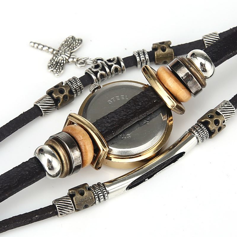 Vintage Flerlags Kvinder Armbåndsur Diamond Dragonfly Pendant Læder Band Quartz Watch