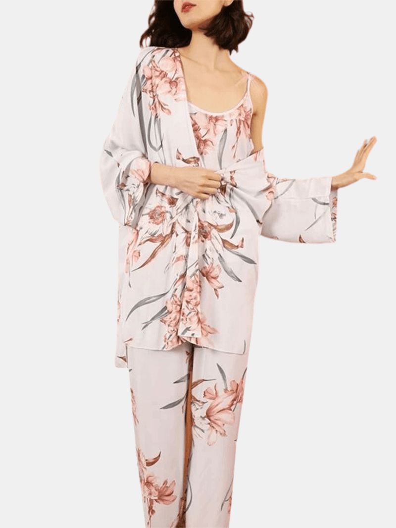 3 Stk Kvinder Blomsterprint Sling Wide Leg Bukser Åben Front Robes Casual Home Pyjamas Sæt