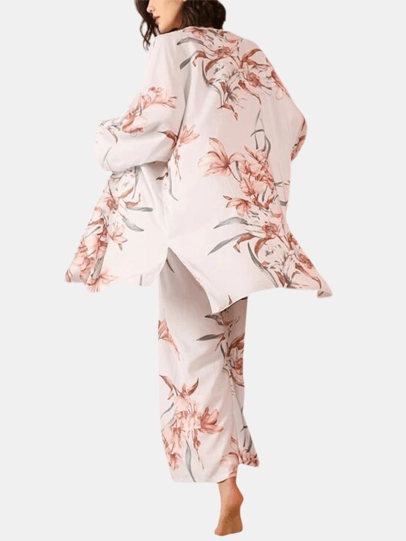 3 Stk Kvinder Blomsterprint Sling Wide Leg Bukser Åben Front Robes Casual Home Pyjamas Sæt
