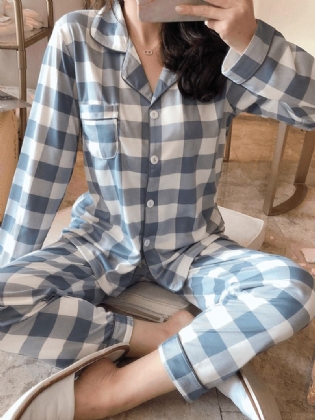 6 Mønstre Kvinders Plaid Revere Krave Langærmet Løst Hjem Pyjamas Sæt