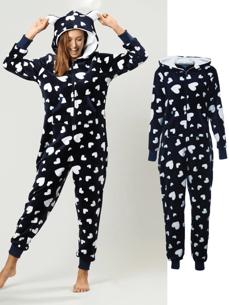 Flannel Hjerteprintet Hættetrøje Med Lynlås Foran Med Lommepyjamassæt