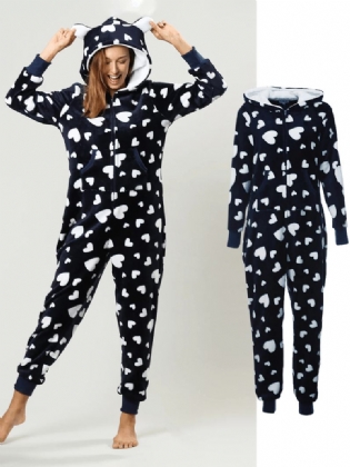 Flannel Hjerteprintet Hættetrøje Med Lynlås Foran Med Lommepyjamassæt