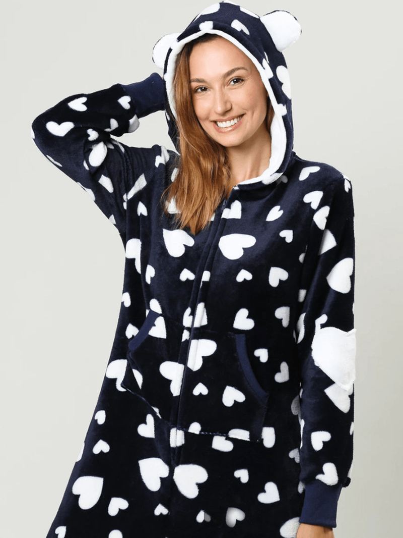 Flannel Hjerteprintet Hættetrøje Med Lynlås Foran Med Lommepyjamassæt